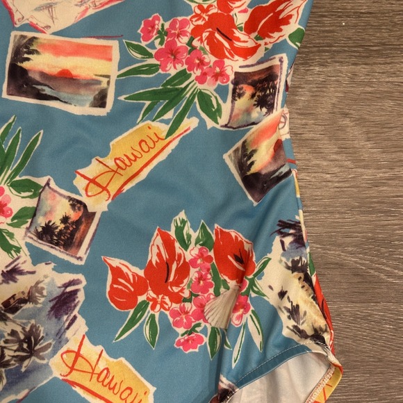 VTG 90s Hawaii Postcard Print One Piece Swimsuit Blue Tropical Floral Small - Picture 4 of 12